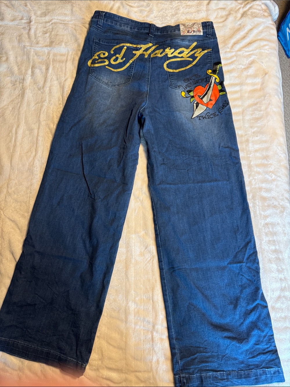 Ed Hardy Dark Blue Wide Leg Jeans with Yellow Script & Red Heart Graphic